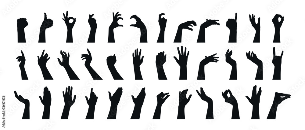 Hand gestures silhouettes collection. Set of different hand gestures ...