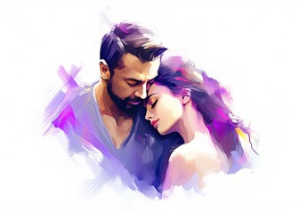 Wall Mural - Handsome man hugging his sensual girlfriend. The spouses gently embrace each other. Couple in love. Romantic dance of a guy and a girl. Illustration for cover, card, interior design, decor or print.