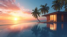 Luxury Beach Resort, Bungalow Near Endless Pool Over Sea Sunset, Evening On Tropical Island, Summer Vacation Concept