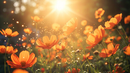 Wall Mural - Bright orange cosmos flowers in the meadow in golden hour.