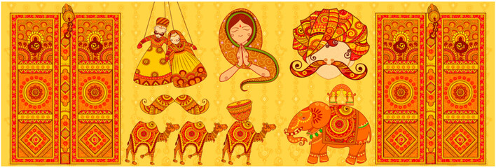 Wall Mural - Culture of Rajasthan in Indian art style. Door drum camel  & Elephant in Rajasthan Style. Vector File.