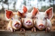 A curious pack of swine, with snouts raised in unison, stand on the ground, their domesticity apparent as they gaze confidently at the camera