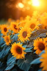 Wall Mural - Orange sunflower with green leaves on a field against sunset sky.