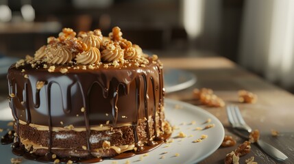 Wall Mural - Chocolate cake with nuts and caramel glaze on a wooden table