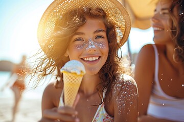 Canvas Print - A carefree girl wearing a sun hat and a smile enjoys a sweet treat on the beach, with a playful fashion accessory of melted ice cream on her face