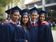 © Kamrul - International graduates from celebrating diplomas in graduation robes Generative Ai