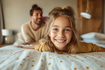 Wall Mural - A young woman finds comfort in the arms of a man as they lie together on a bed, surrounded by soft linens and a smile on her face