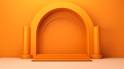 Canvas Print - 3d illustration Islamic theme product display background in minimal orange design. Mosque portal frame with podium and empty space. generative ai