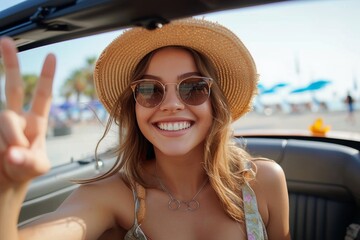 A stylish woman captures the sunny day with a smile, her fashion accessories of a sun hat and sunglasses adding to her cool and confident aura as she snaps a selfie in the car