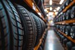 A display of tires, crafted from both synthetic and natural rubber, neatly lined on a shelf in an indoor setting, evoking a sense of parked automotive perfection