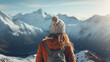 Mädchen Aussicht Gipfel Frau Berge Landschaft Winter Schnee Wandern Bergsteigen Rucksack
