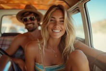 A Couple Radiates Happiness As They Cruise Down The Road In Their Stylish Car, The Woman's Sun Hat And Sunglasses Adding A Touch Of Glamour To Their Outdoor Adventure