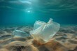 A discarded plastic bag and bottle lay in the sand, a haunting reminder of the damaging effects of human waste on the fluid beauty of the aqua waters and underwater reef where marine animals call hom