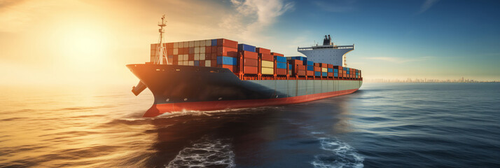 Wall Mural - Concept logistic banner, shipping export, import. Cargo maritime ship with container in water ocean, sunset