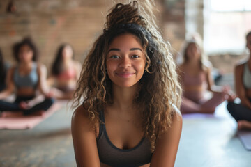 Wall Mural - A woman with curly hair is smiling while sitting on a yoga mat