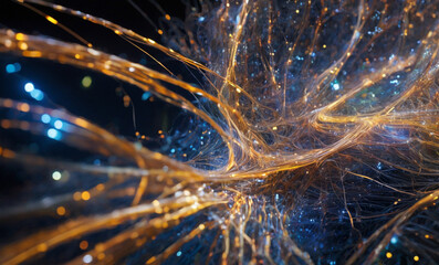 abstract background with gold, Intricate Web of Fiber Optic Cables Transmitting Data Signals