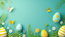 Spring Easter Scene With Butterflies And Decorated Eggs On Soft Blue Light , Flat Lay 