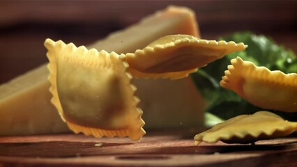 Sticker - Italian ravioli falls on the table. Filmed on a high-speed camera at 1000 fps. High quality FullHD footage