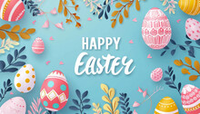 Happy Easter Greeting With Decorative Eggs And Spring Foliage