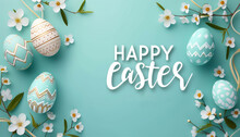Spring Easter Eggs Among Flowers On Pastel Blue Background