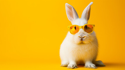 Wall Mural - A whimsical rabbit wearing bright yellow sunglasses, stark contrast between the white fur and the vibrant yellow background