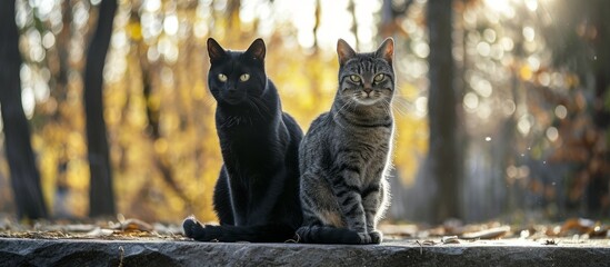 Poster - Two cats, one black and one gray, sit on a stone terrace and gaze at the camera amid trees.