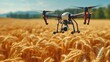 Drone with digital camera flying over wheat field. 3d rendering. AI.
