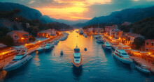 Yachts And Boats In The Bay At Sunset Kotor Montenegro