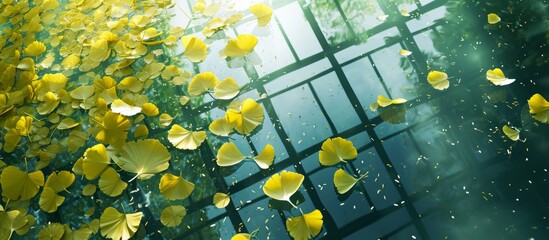 Wall Mural - Ginkgo background with empty square floors and river.