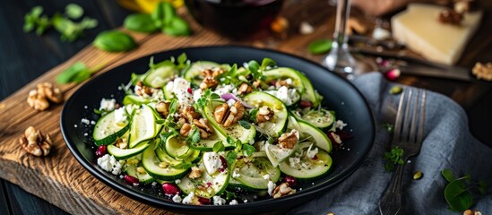 Wall Mural - Zucchini salad with feta, walnuts, red wine on black plate on wooden table.