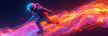Astronaut With Trail Of Fiery Sparks.
Astronaut In Space Suit With A Vibrant Trail Of Fire And Light.