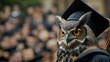a majestic owl adorned in a graduation gown and mortarboard, exuding scholarly elegance and poise as it partakes in a solemn university ceremony.