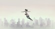 Success, business, freedom and dream concept art. woman flying and the city. conceptual artwork. surreal illustration.