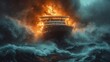 The passenger vessel is engulfed in flames. Powerful imagery of a burning cruise ship battling a raging storm at sea