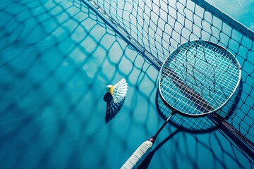 Wall Mural - Close-up shot of badminton racket and shuttlecock over net. blue tone, dynamic sport concept. indoor activity, detailed equipment theme. AI