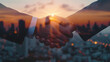 Double exposure image of two businessmen shaking hands with cityscape at sunset