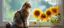 A Fluffy Cat Sits On The Windowsill With Three Sunflowers Nearby. The Cat Gazes At The Flowers Under A Window With A Mosquito Net, Creating A Backlit Effect With A Shallow Depth Of Field.