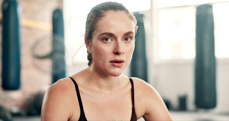 Poster - Tired, breathing or face of fitness woman at a gym for training, exercise or intense morning cardio. Sports, portrait or athlete sweating on recovery break from body workout, challenge or performance