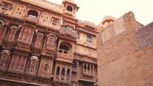 Patwon Ki Haveli, Old Indian Architecture Made From Sand Stones At Jaisalmer, Rajasthan, India. Beautiful Carvings Of Wall And Windows. 