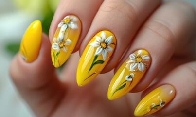 Wall Mural - vibrant yellow daisy floral nail art design close-up