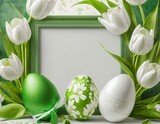 Fototapeta  - Biało - zielone tło wielkanocne z pisankami, tulipanami i ramką z miejscem na tekst