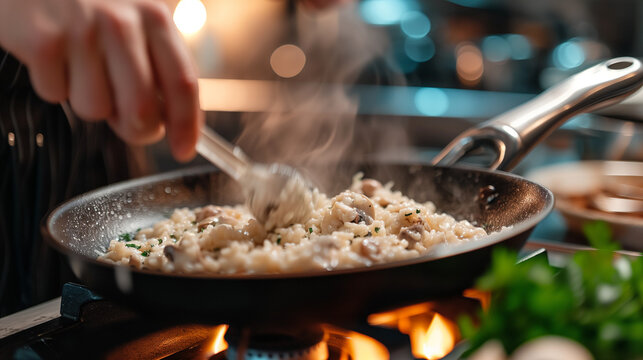 close up of a chef cooking mushroom risoto. home kitchen stove, delicous meat, cuisine, landscape