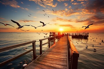  wooden dock with birds flying over the water at sunset