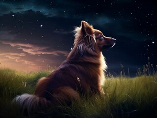 Wall Mural - A dog sitting in the grass looking out over the night sky stars