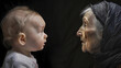 © Russell - Before & after, a baby & an old woman, positioned facing each other, symbolize the cyclical nature of existence, embodying the passage of time and the profound transformation from innocence to wisdom