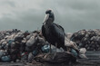 © ADDICTIVE STOCK - Generative AI illustration of solitary pelican stands amid a vast landscape of plastic waste, with a backdrop of gloomy skies, highlighting the stark contrast between nature and pollution