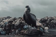 Generative AI Illustration Of Solitary Pelican Stands Amid A Vast Landscape Of Plastic Waste, With A Backdrop Of Gloomy Skies, Highlighting The Stark Contrast Between Nature And Pollution