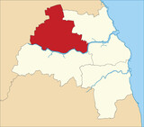 Fototapeta  - Red flat blank highlighted location map of the METROPOLITAN BOROUGH AND CITY OF NEWCASTLE UPON TYNE inside beige administrative local authority districts map of Tyne and Wear, England