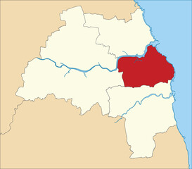  Red flat blank highlighted location map of the METROPOLITAN BOROUGH OF SOUTH TYNESIDE inside beige administrative local authority districts map of Tyne and Wear, England