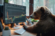 Big bear sitting near computer screen with red stock market. Bear market